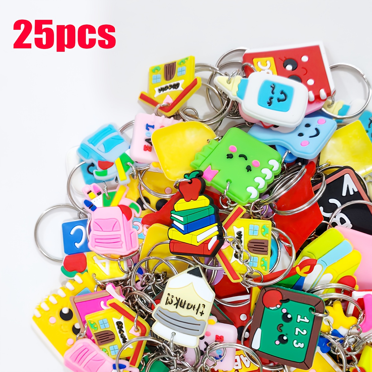 Image of 25pcs Assorted Styles Cartoon Pencil Ruler, Cute Writing Board, Calculator Keychain, Adorable Stationery, Multi-style And Shape Keyrings, Suitable For Prizes, Student Rewards, Back-to- Small Gifts