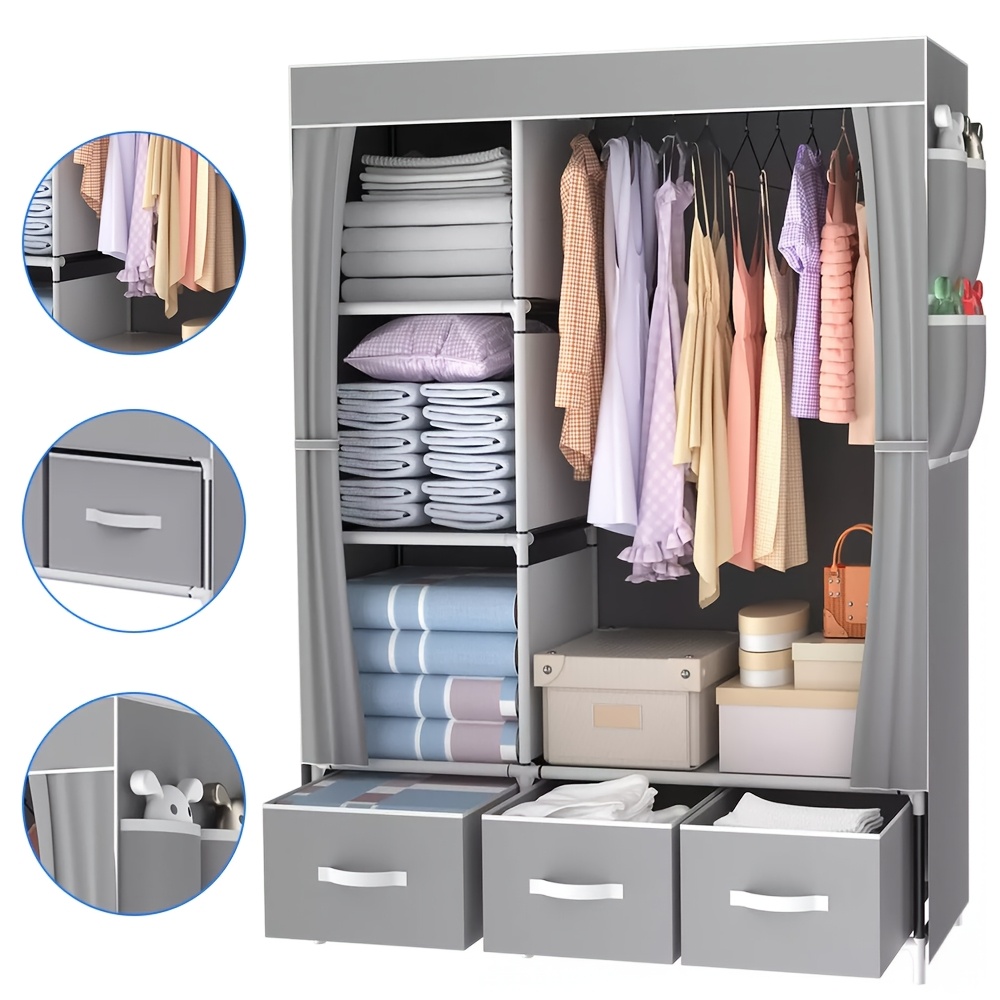 TEMU A Set Stylish Grey Canvas Wardrobe With 3 Storage Bins - Easy Assembly Durable & Closet Organizer For Home Bedroom Folding Clothes Storage