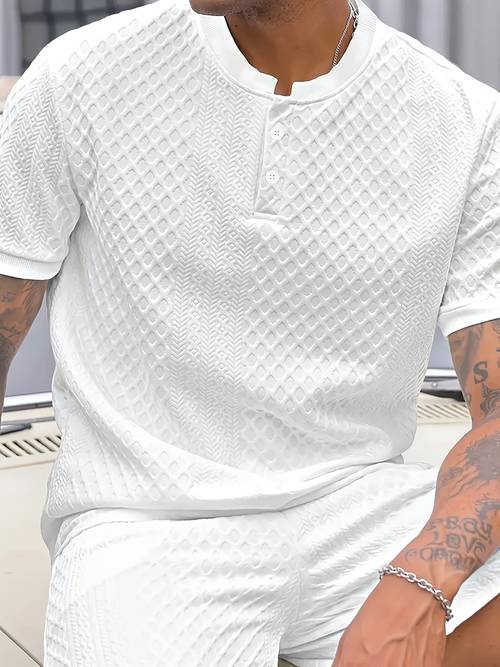 1 set of mens stylish casual business henley shirt and shorts set 1 solid color henley shirt and 1 solid casual shorts high end solid color jacquard twill fabric essential golf and wear friendly comfortable breathable and warm indoor parties and outdoor sports suitable for spring and summer