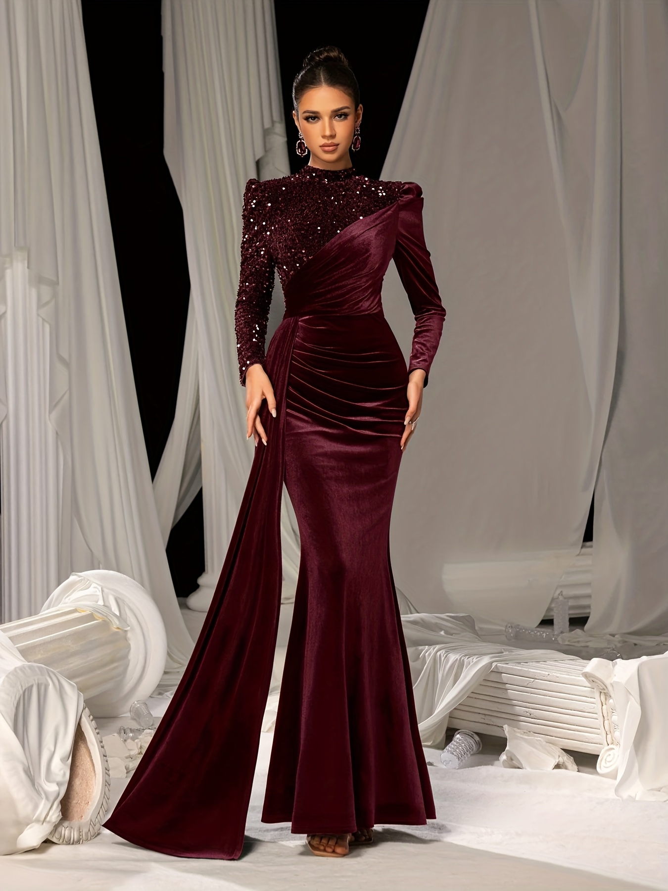 red long sleeve fishtail dress Modal Long-Sleeve Red Fishtail Maxi DressGlowmode