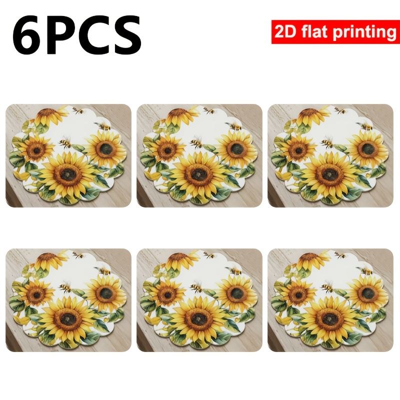 TEMU 6pcs Set, Spring/summer Sunflower Floral Pattern Round Placemats, Non- Polyester Material, Hand Washable, 15-inch Elegant Table Mats, Suitable