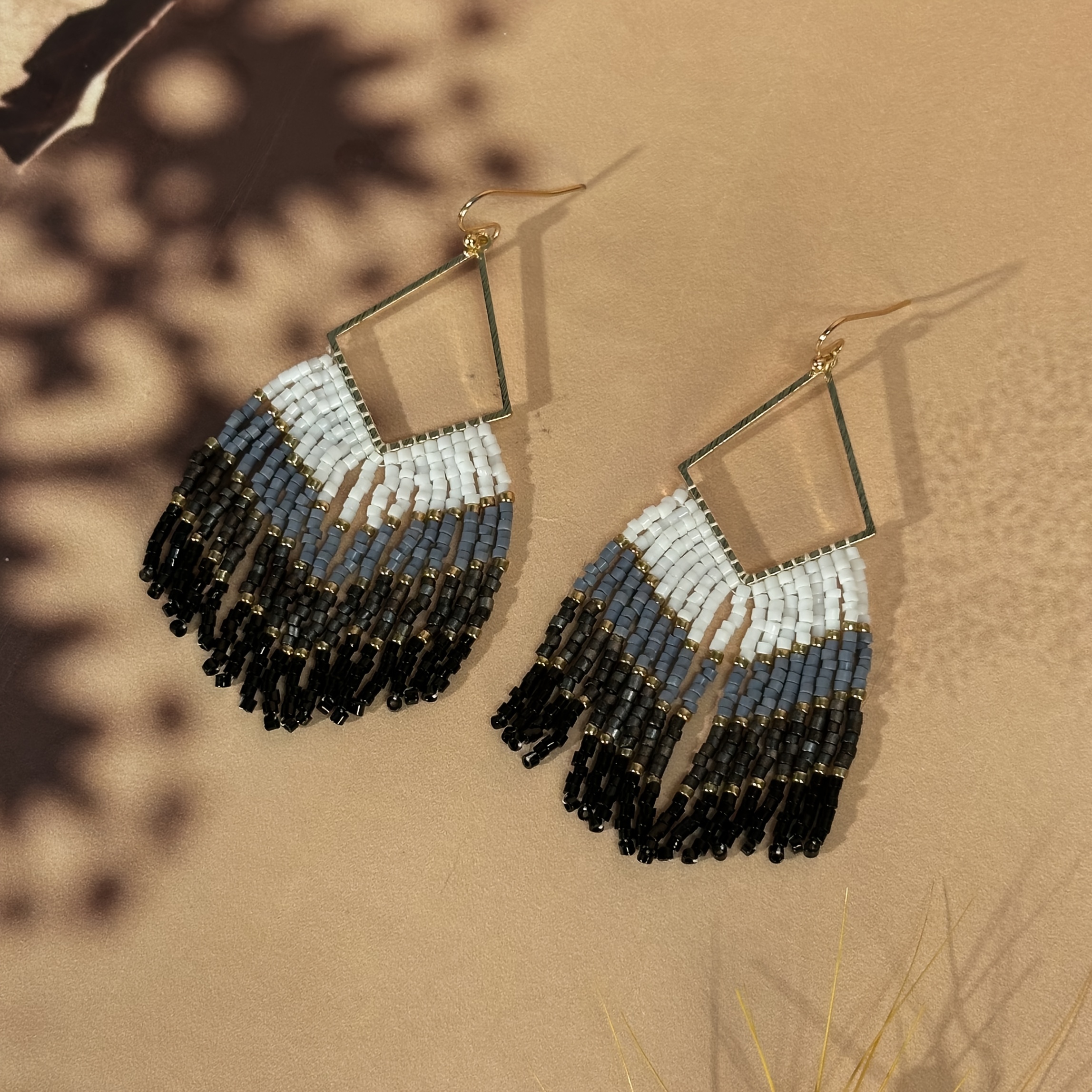 Women's Handmade Beaded Tassel Earrings, Rhombus Frame