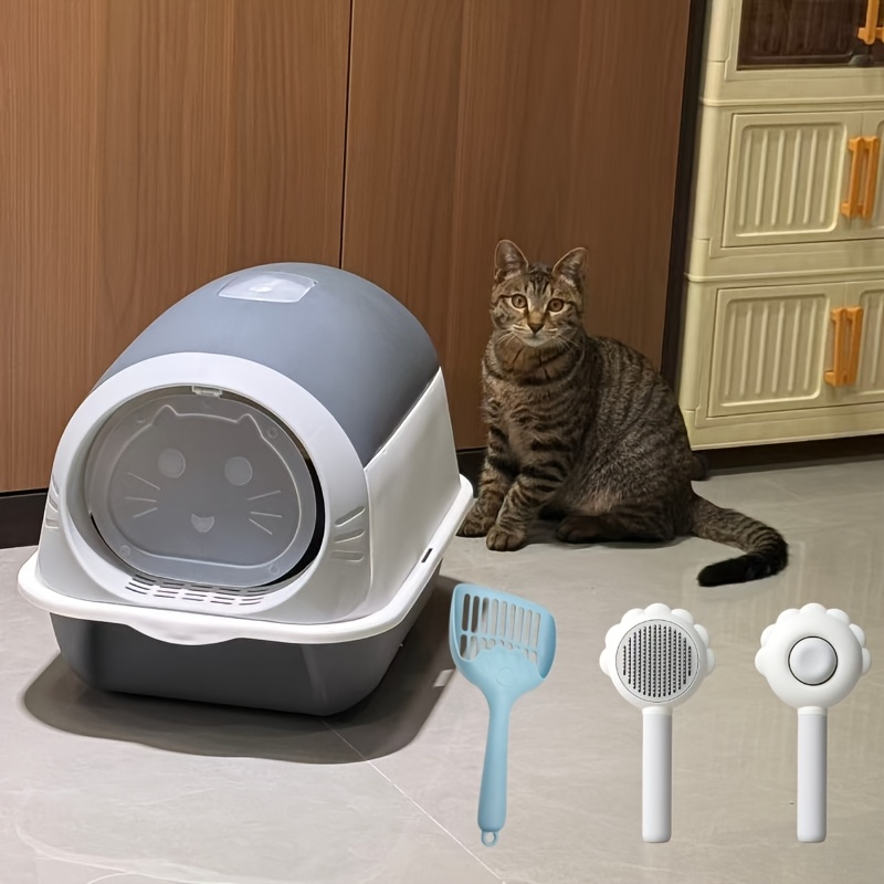 TEMU 3pcs Set (extra Large Litter Box And Scoop And Pet Grooming Tools), Extra Large Litter Box And Pet Grooming Tool Set, With Deodorizing And