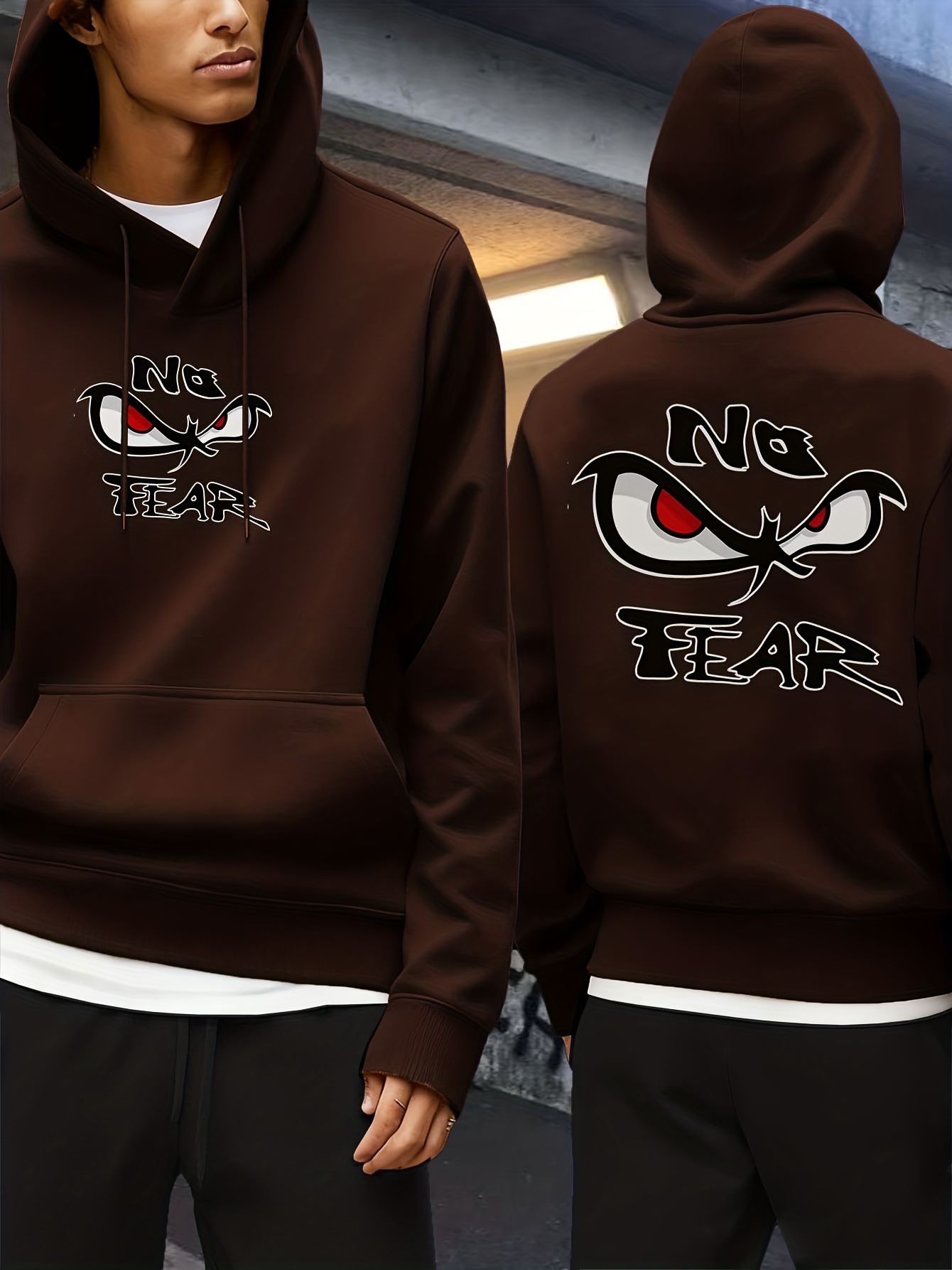 Verdikte herensweater met capuchon, gloeiende ogen en "Geen angst