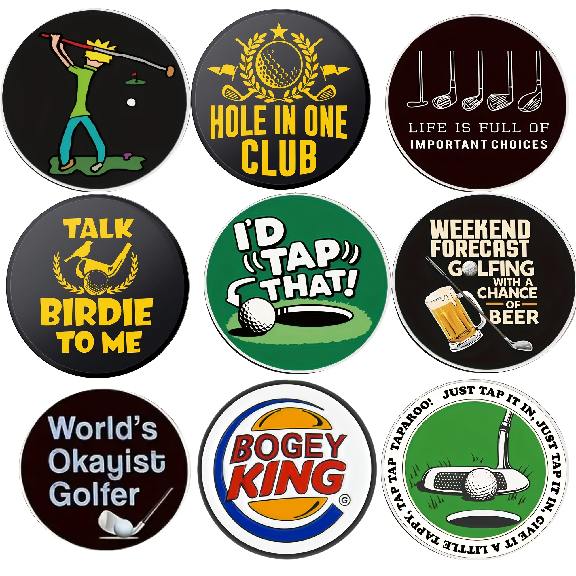 TEMU Golf Ball Markers Assorted Patterns Of 9 Golf Gifts, Golf Cap Clips And Repair Tools Accessories Sets For Men Women Golfer (golf Club Ball Markers)