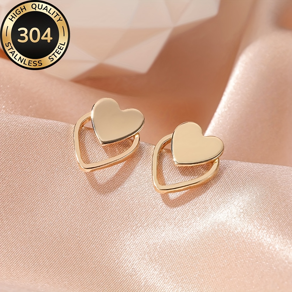 Women's Golden Hypoallergenic Heart Stud Earrings, Elegant Fashion