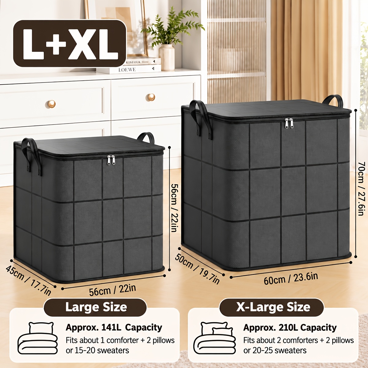 TEMU Set Of 2 Large Laundry Storage Bags, Foldable Storage Boxes With Zipper And Handles, Suitable For Moving, Travel, Under-bed Storage, And Storing
