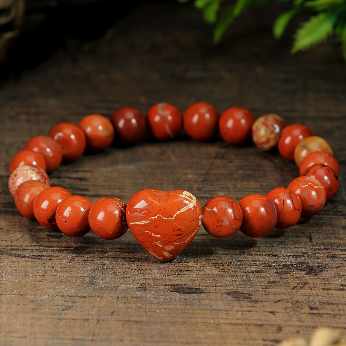 TEMU 1pc Bracelet Cœur en Jaspis Rouge Naturel | Bijoux Main pour Tous | Accessoire Élastique à Perles avec Breloque Cœur, Cadeau Idéal pour Noël ou