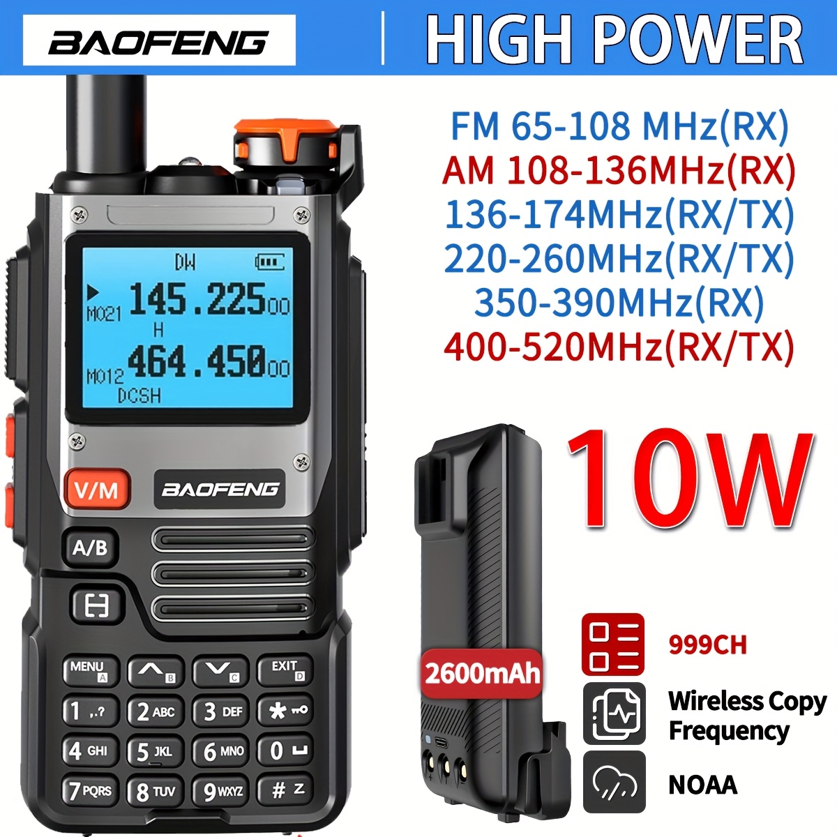   ar k6 high power 10w two way radio with 999 channels 6 frequency bands 65 108 108 136 136 174 220 260 260 390 390 520 dtmf wireless copy   type c   battery outdoor communication   design durable construction 0