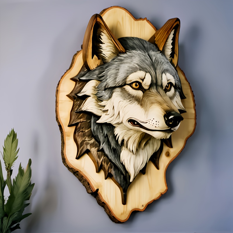 

Wooden Wolf & Wall Art - 2d Animal Decor For Living Room, Christmas, Wolf Decor