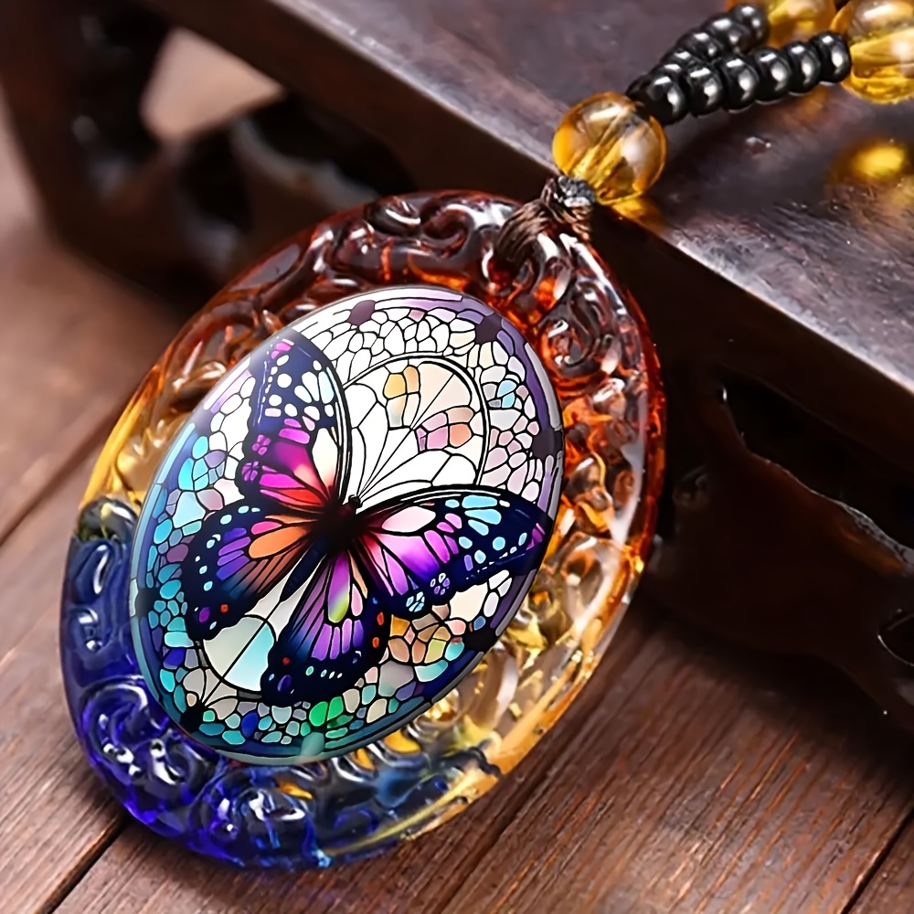 TEMU A Colorful, Fashionable Stained-glass Art Jewelry Pendant, An Elegant Oval Necklace, Suitable As A Religious Jewelry Gift For Men.