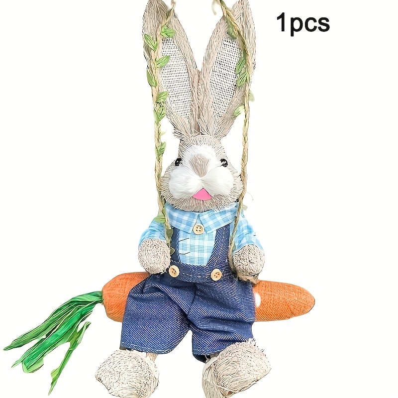 1pc Easter Rabbit Carrot Hammock Decoration, Straw Rabbit Statue, Farmhouse Style Indoor And Outdoor Decor, Suitable For Easter Celebrations
