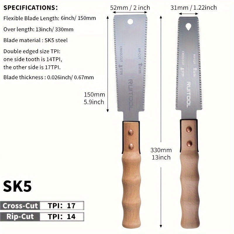 Set of 2 Japanese Pull Saws, 15.24 cm Each, Featuring Both Wide And Narrow Heads, Flexible Blades with 14 TPI And 17 TPI, Double-Sided Design, Comfortable Wooden Handles, Ideal for Flush Cuts in Woodworking And Precise Cutting, Without Battery