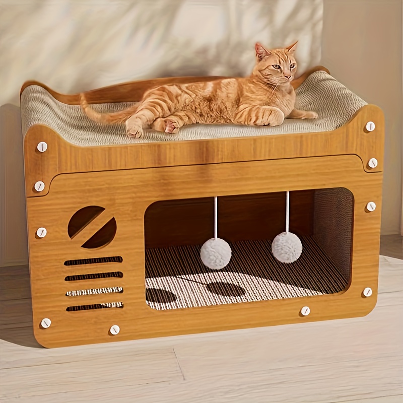 

1pc Multi-functional Cat House - Double-layered Wooden Cat Condo With Post, Play Balls, And Cozy Bunk Bed For Multiple Cats - Easy