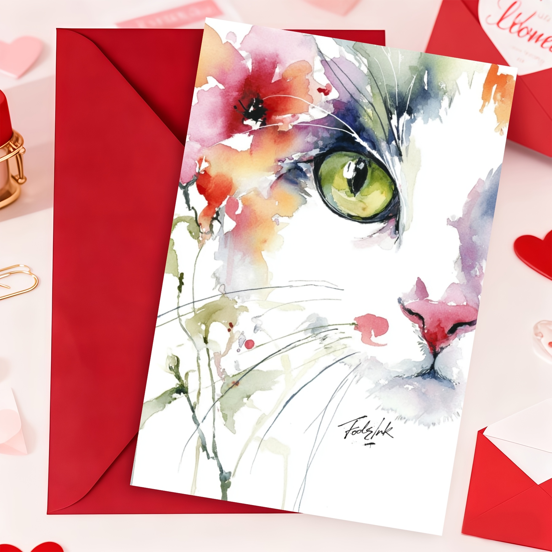 TEMU Pink Floral Branch Half Green Eye Cat Light Watercolor Ink Art Greeting Card, Blank Plain Envelope, Elegant Minimal Feline Neutral Lightweight