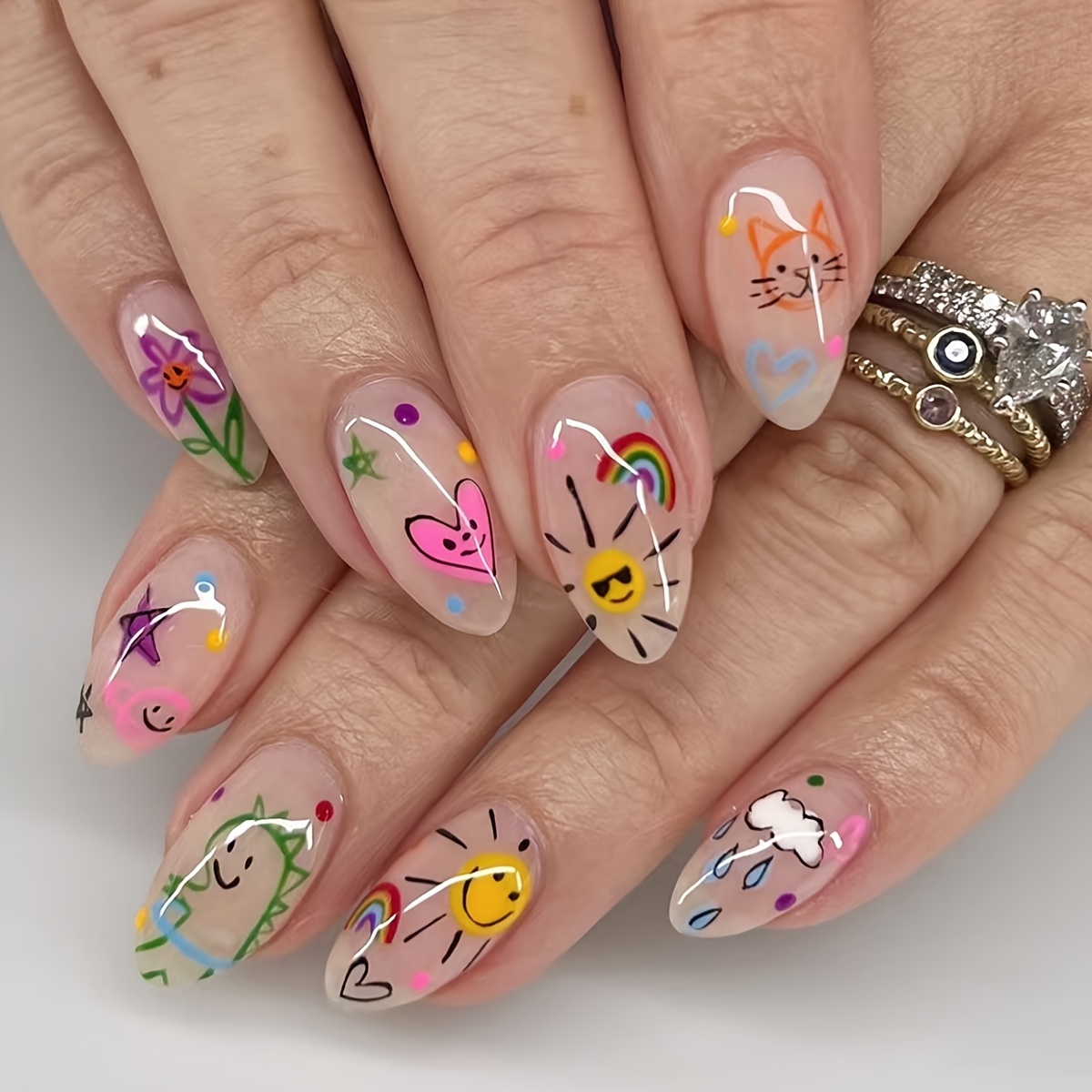 

24pcs Press-on Full Cover Fake Nails, Shape, Nude Pink Dotting With Heart, Dinosaur, Flower, Star, Rainbow Cartoon Print Designs For A Cleaner And More Beautiful Look