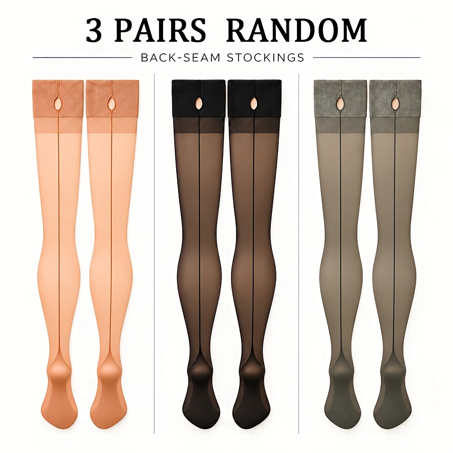 TEMU 3 Pairs Random Elegant Women Thigh High Stockings, Suspender Compatible Retro Back Seam, Teardrop Cutout Lace Top, Sheer Tights, Stretchy &
