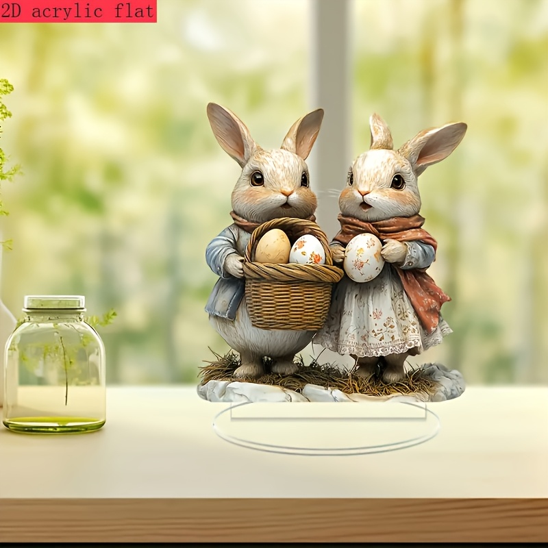 

2d Acrvlic Flat Easter Rabbit Acrylic Ornament With Colorful Eggs - Bohemian Style Home Decoration, Suitable For Desktop And Window Display, Ideal Easter Celebration Gift