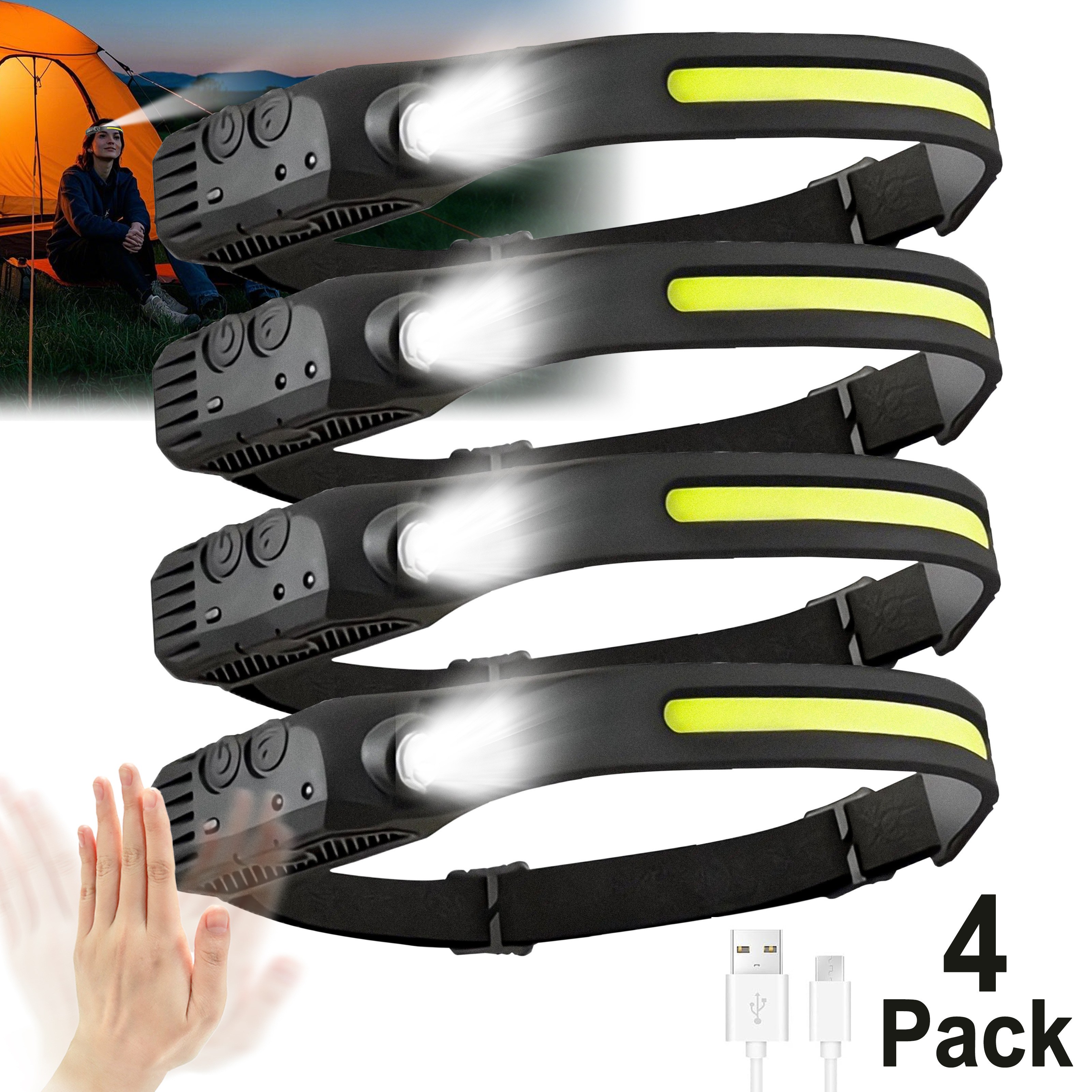 TEMU 4pcs Usb Rechargeable , Motion Headlamp, Adjustable Headband, Emergency Work Light For Outdoor Camping Night Hiking, Running, Maintenance, Fishing