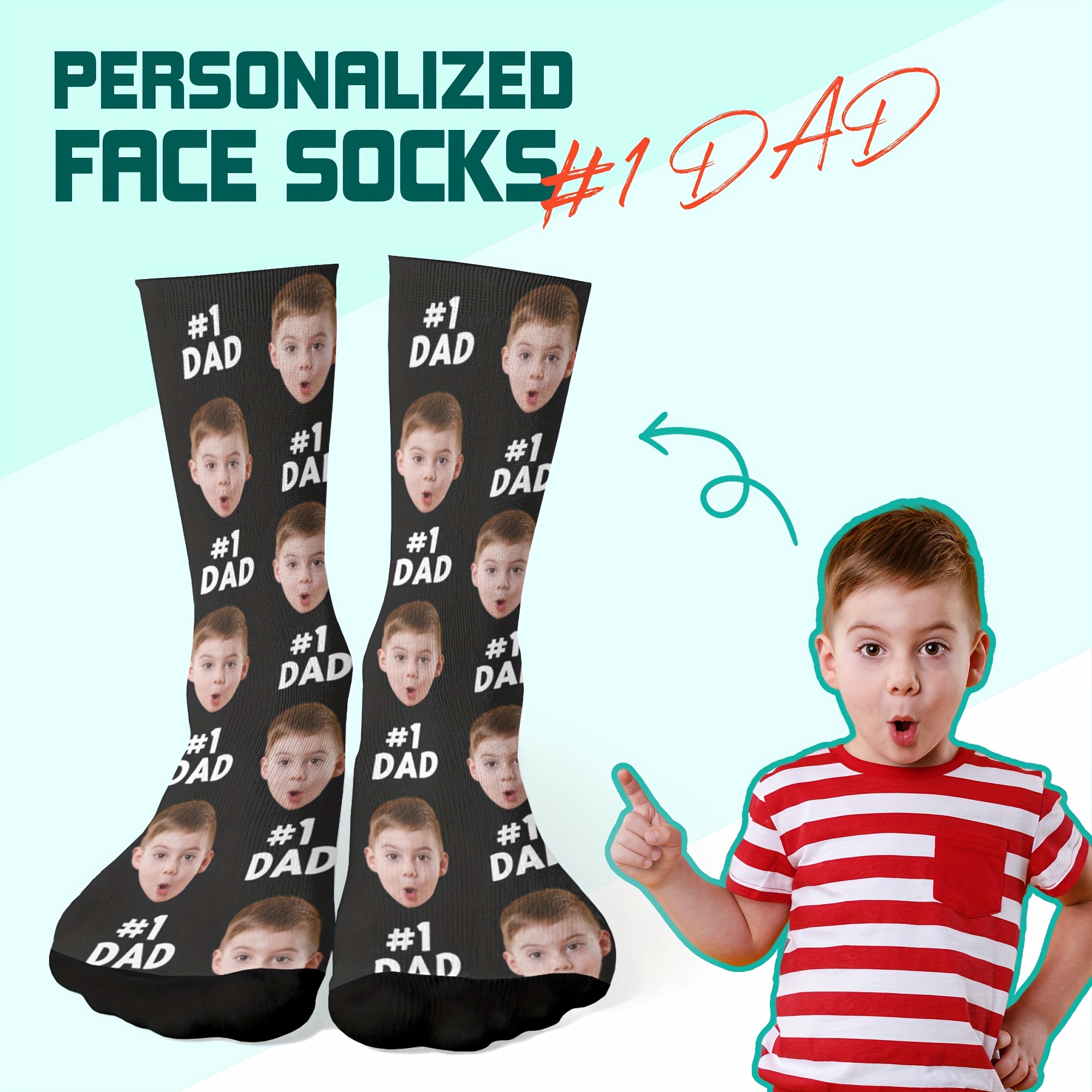 

Custom #1 Dad Face Socks, Personalized Men's Gift Socks For Father's Day, Fun Knit Portrait Pattern, 100% Polyester, Hand Wash Only - Unique Father's Day Gift Idea