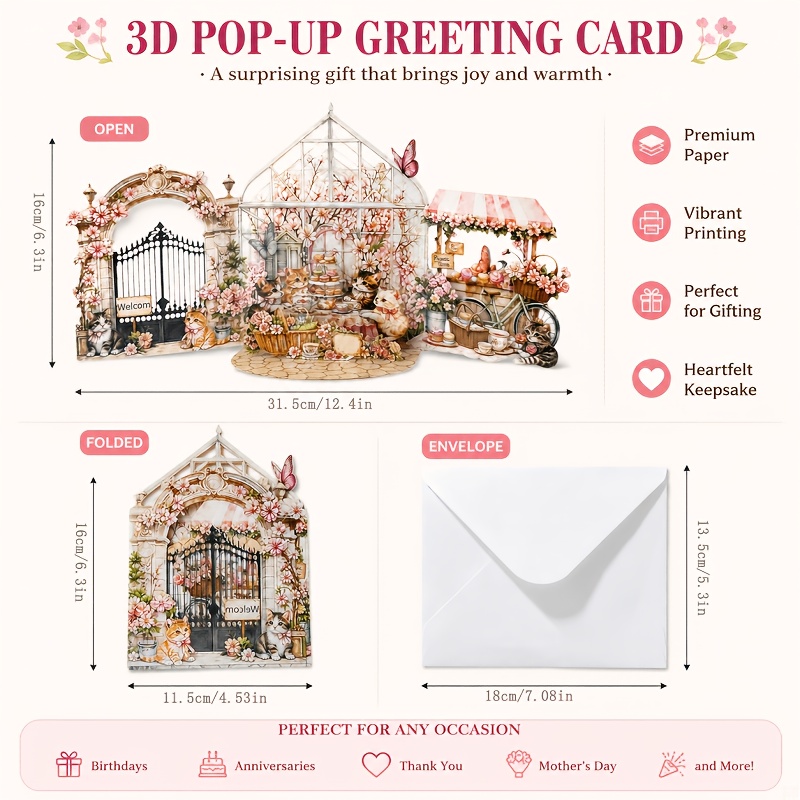 TEMU European-style Spring Greenhouse 3d Pop-up Greeting Card, Cat Dessert Market Archway, Flower Bicycle Panoramic Scene, Exquisite Printing On