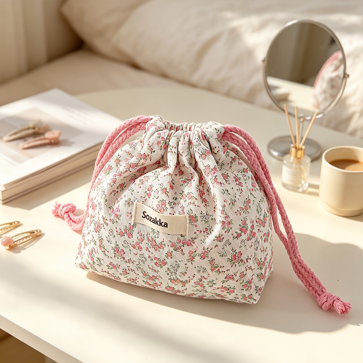 TEMU Trousse de maquillage à cordon de serrage style floral ; Trousse de toilette de voyage portable ; Sac de rangement pliable à cordon de serrage
