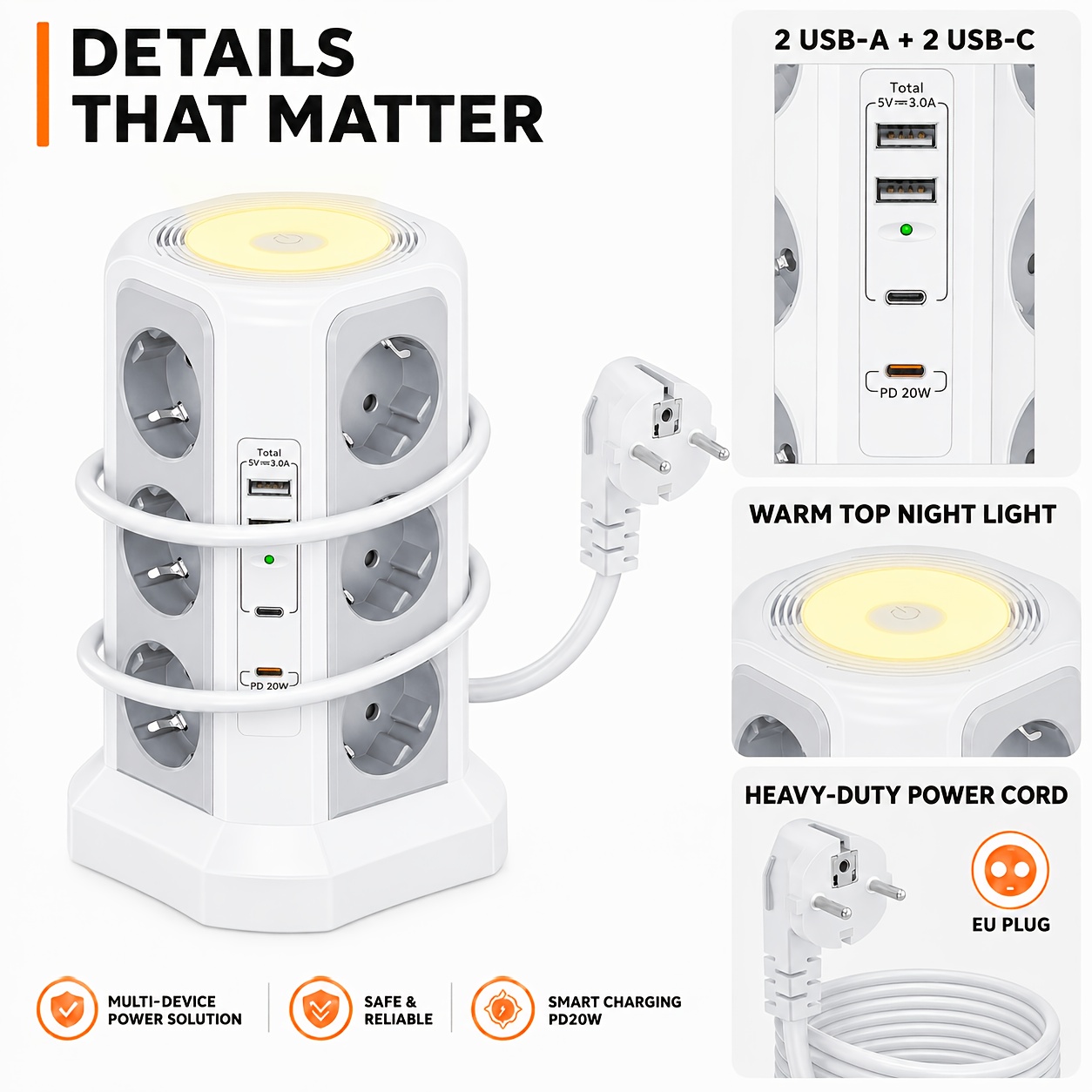 Image of Strip With 12 Ac Outlets, 2 Usb- Usb-c Ports, Pd20w Fast Charging Extension Lead, Vertical Desktop Socket With Warm Night Light, Multi Plug Adapter For Home Office Bedroom Kitchen