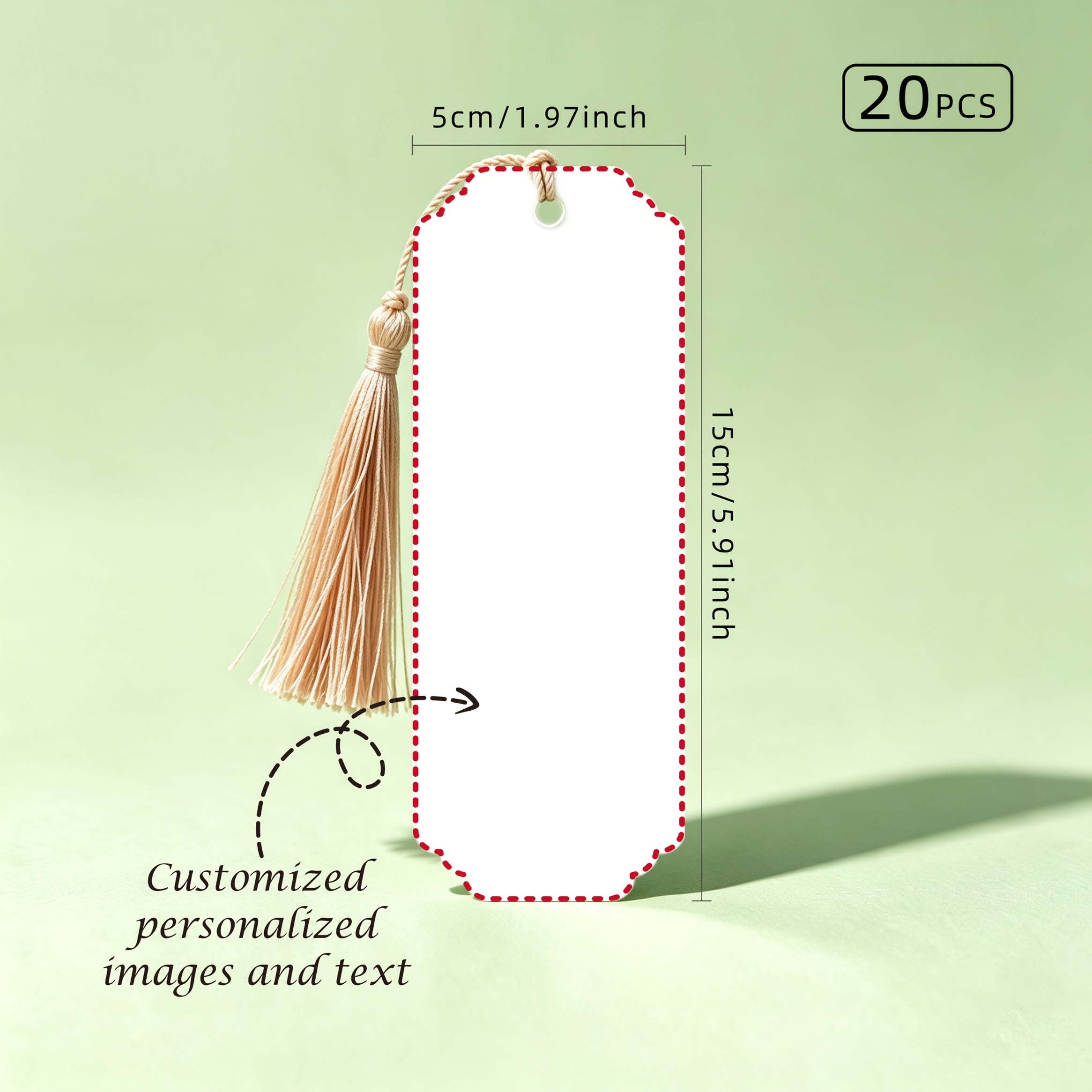 TEMU Segnalibri Personalizzati, 20 pezzi su entrambi i lati con i tuoi motivi, con nappa beige, dimensioni 15 cm x 5 cm. Un regalo significativo per