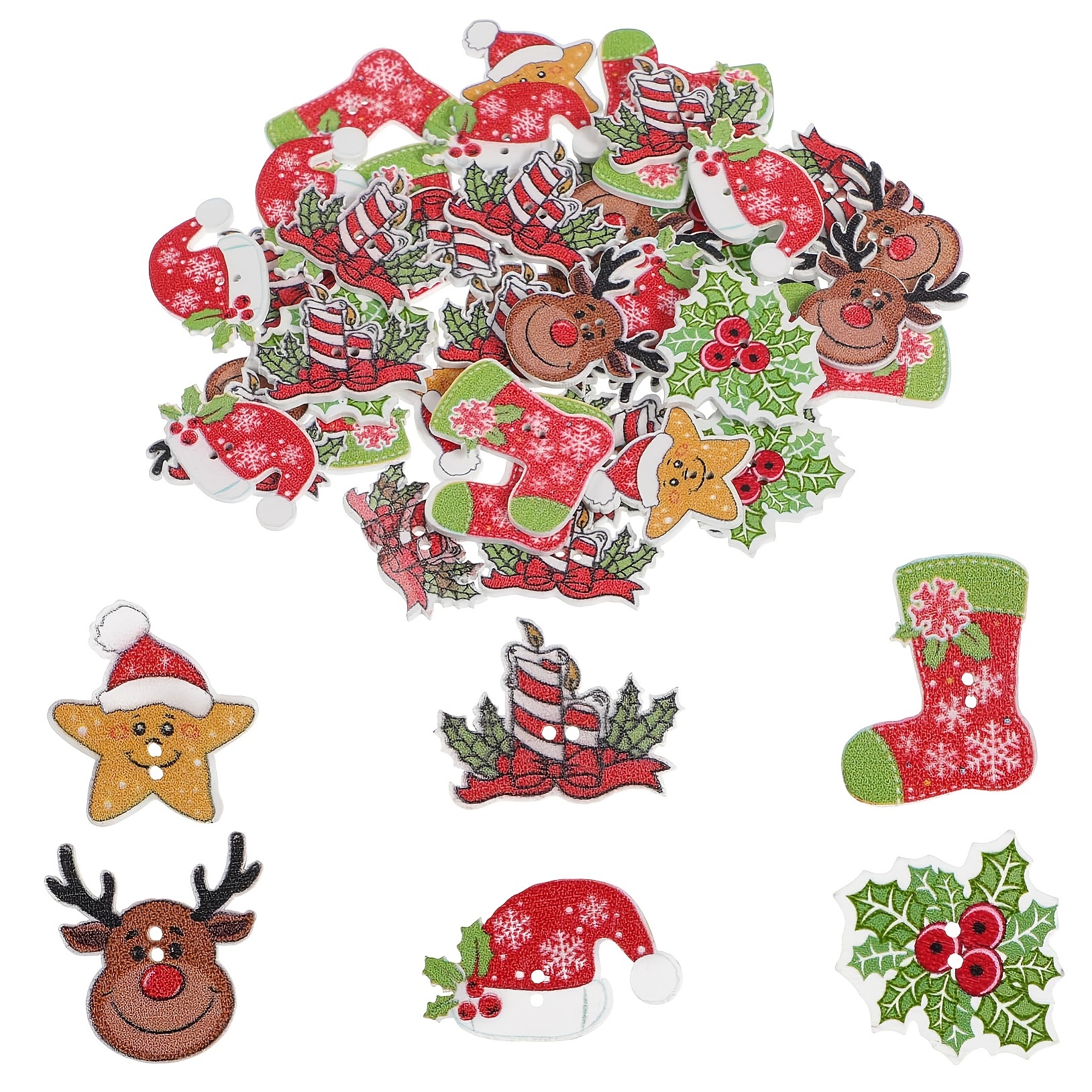 

50pcs Christmas Wooden Buttons - Mixed Styles With Reindeer, Santa Hat & Stocking Designs For Sewing And Crafts, 2-hole Holiday Embellishments By Ywli, Christmas Reindeer, Christmas Stocking