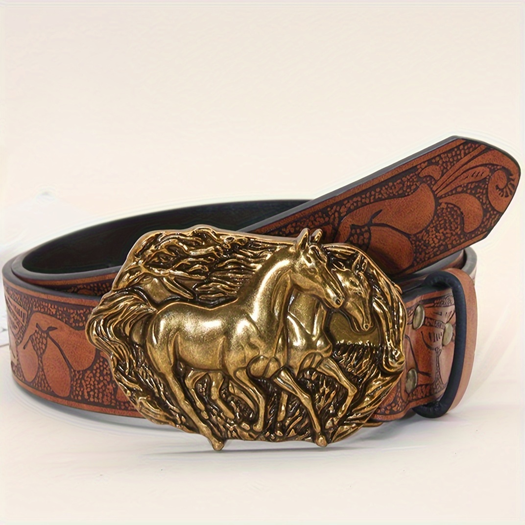 Image of 1pc Women's Western Cowboy Style Pu Belt With Embossed Horse Head , Suitable For Daily Pairing With Jeans And Trousers