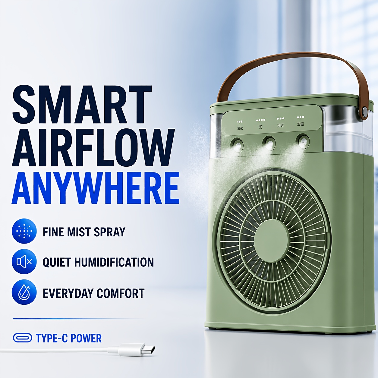 Portable Usb Mist Fan With Long-lasting 3700mah Rechargeable Battery, 3 Wind And 2 Mist , Featuring -color Led Mood Light And A Timer, Perfect For Bedrooms, Offices, Dorms, Or Camping To In The .