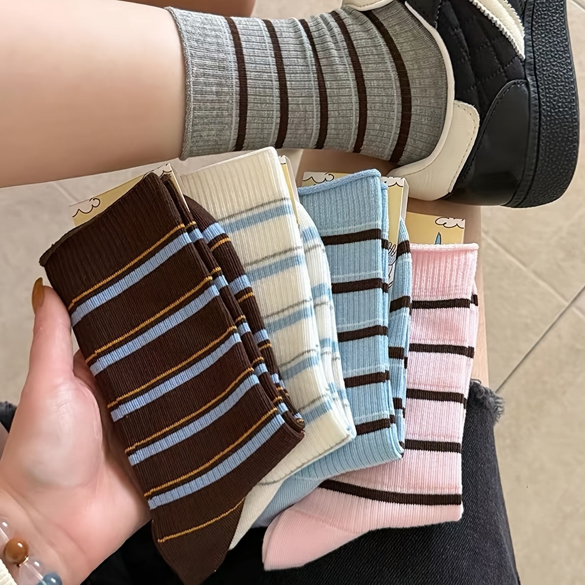 TEMU Lot de 5 paires de chaussettes pour femme, tricotées automne/hiver, confortables, douces, respirantes, absorbant la transpiration, à rayures ,