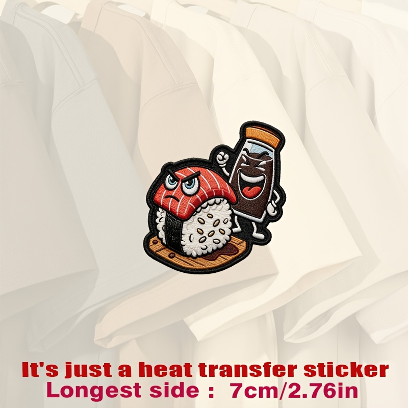 TEMU Colorful Sushi Patch Featuring A Salmon Roll And A Laughing Soy Sauce Bottle On A Black, Heat Transfer Stickers Are Suitable For Flat Fabrics