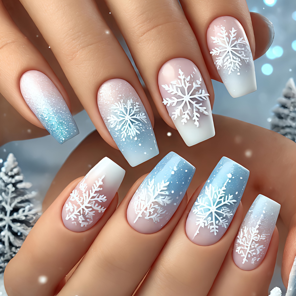 TEMU Christmas 24pcs Medium-length Glossy White Ombre Fake Nails With White Snowflake Design, Detachable Press-on Nails, Blue Ombre Nail Stickers,