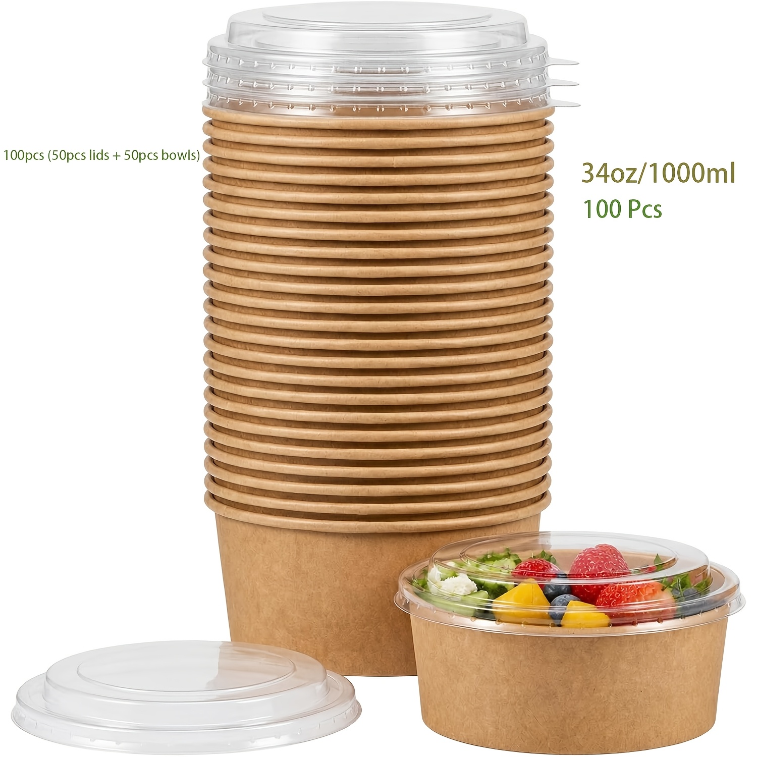TEMU 34oz/1000ml 40/100/200pcs (/100pcs Lids+/100 Bowls) Large Paper Bowls With Lids, Food Containers, Disposable Soup Serving Bowls Bulk, Lunch Box,
