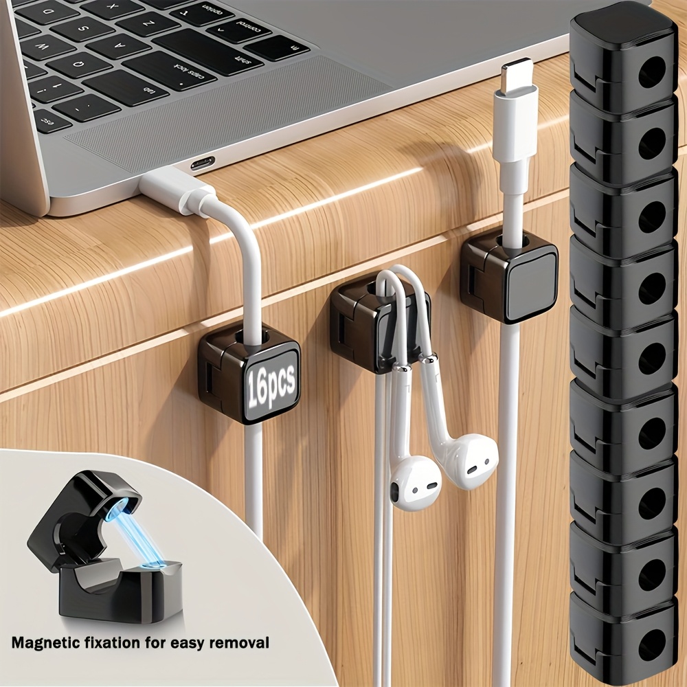 16pcs Cable Organizer Set, Self-adhesive Magnetic Clips, No Drilling Required, For Home Office Desktops And Walls, Adjustable And Versatile Cable Management