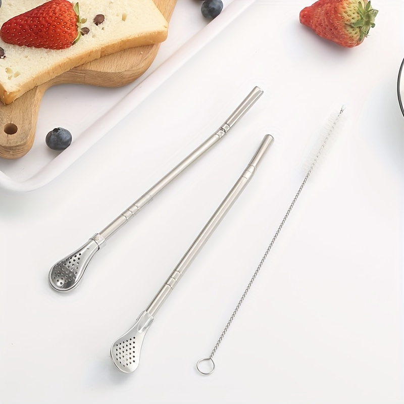 3pcs set stainless steel straws spoons stirring spoon detachable cleaning straw juice milk tea filtering straw straw brush drinkware accessories kitchen supplies details 8