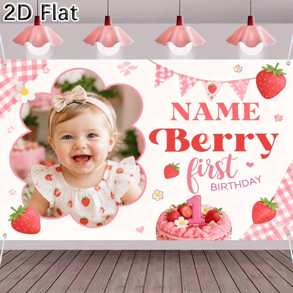 TEMU 2d Flat, 1pc Strawberry First Birthday Banner With Name & - Themed Backdrop Suitable For Indoor/outdoor Parties, Hanging Decoration With