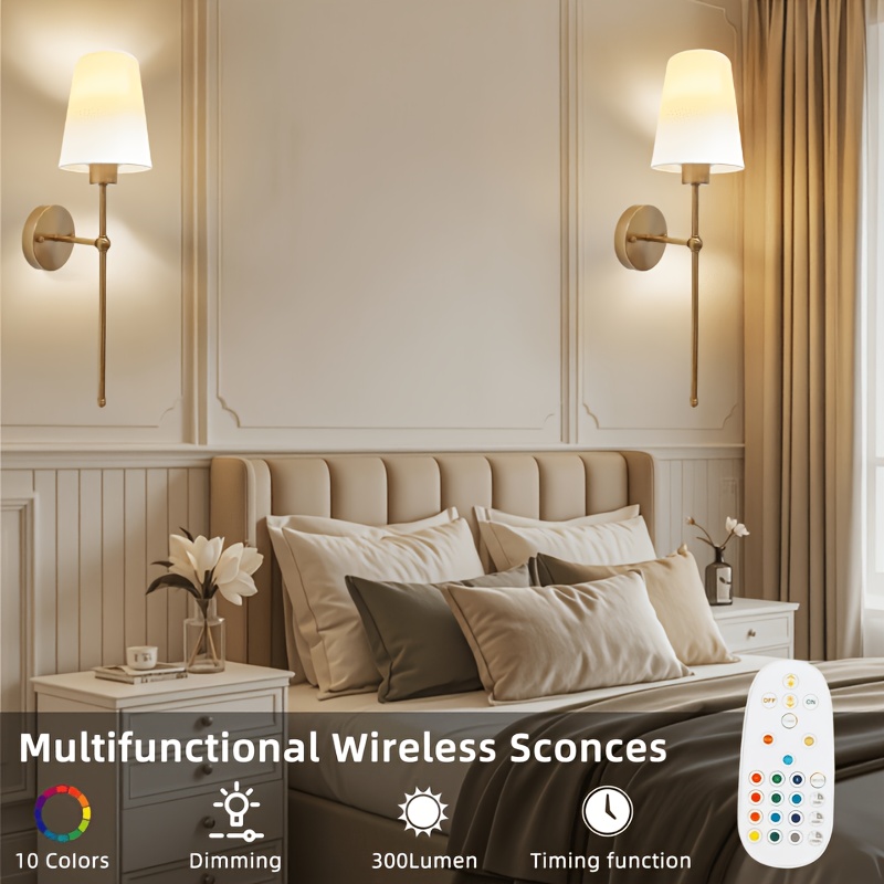 TEMU Wall Lights Battery Operated Wall Sconces Set Of 2, Black/golden Wireless Wall Sconces With Remote, 9 Colors Rechargeable Wall Lamp For Bedroom