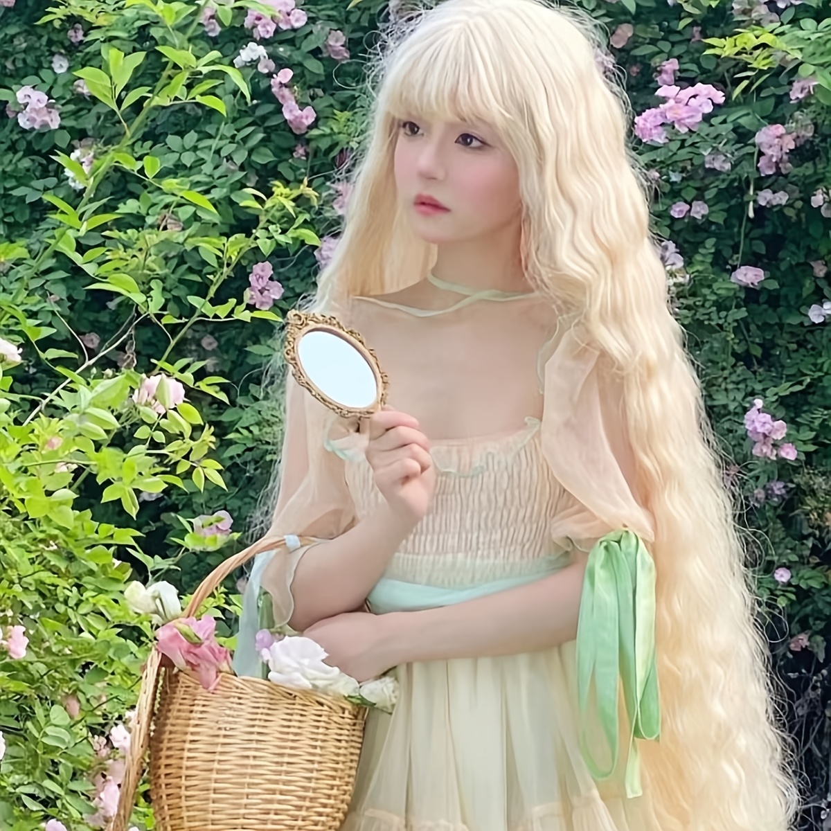 Image of Unisex Lolita Soft Wig - Light Golden Curly Wave Long Hair With Net For | Volume & Continuous Curly Style | Cosplay, Christmas Parties, Daily () | Air Curly Wave Dress Up Wig
