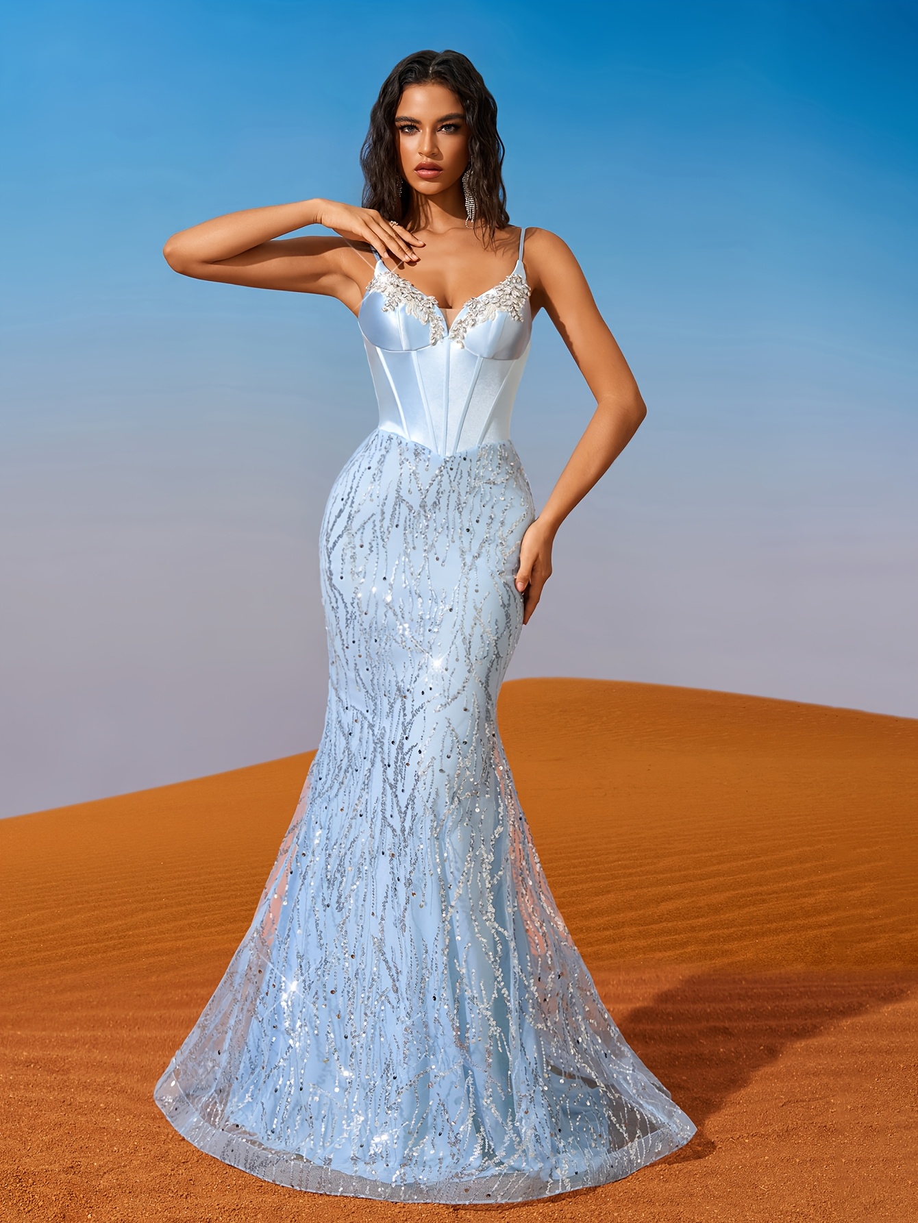 light blue formal dresses australia ZAPAKA Women Glitter Mermaid Formal Dress with Slit Light Blue Spaghetti  Straps Pleated Long Evening Dress – ZAPAKA AU