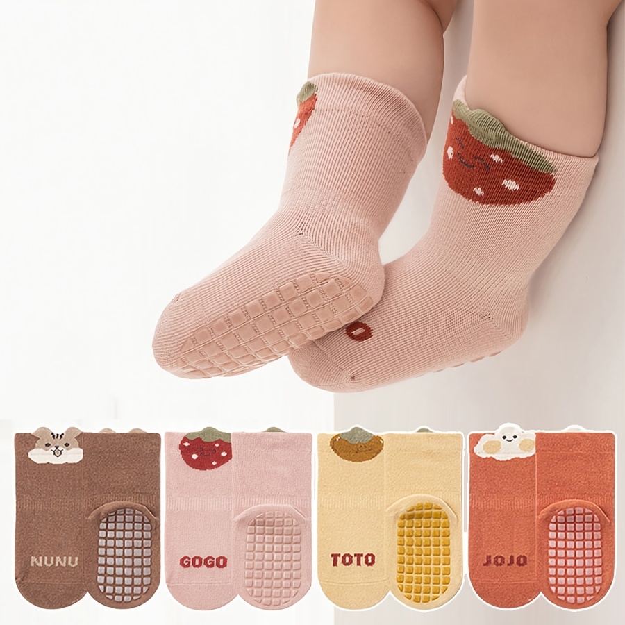 Image of 4/8-pair Random Assortment Of Cartoon Fruit And Animal Print Non-slip Indoor Soft-soled Toddler Shoes With Adhesive Dots For Boys And Girls, Suitable For Daily Wear