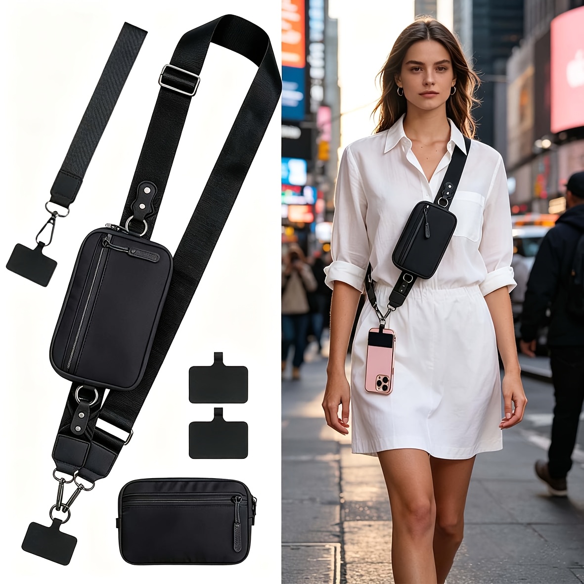 TEMU Women's Chest Bag, Adjustable Multifunctional Phone Lanyard With Zipper Coin Purse, Card Holder, 2pcs Shoulder Straps, Crossbody Phone Lanyard,