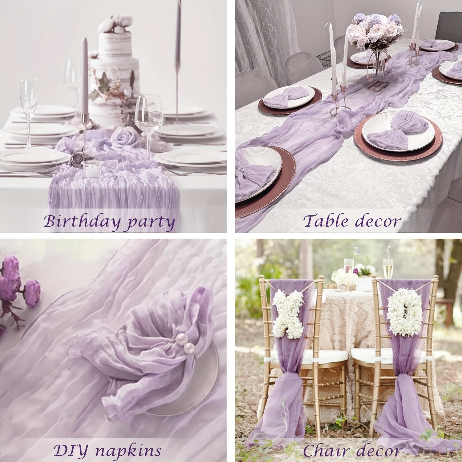 TEMU 4 Purple (violet) Braided Table Runners, Gauze Cheesecloth Table Runner 118 Inches Long, Suitable For Wedding Bridal Shower Holiday Decoration,