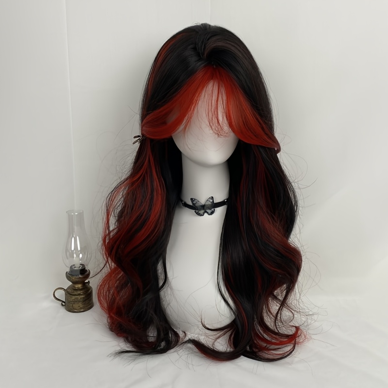 

24-inch Women's Wig With Red And - Long, Curly Waves, Heat-resistant Synthetic Hair, Ideal For , Cosplay, And Parties, Wig Accessories