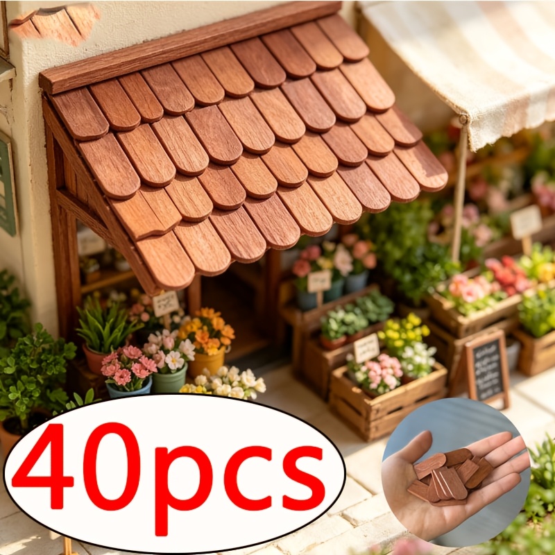 TEMU 40pcs Miniature Mini House Wooden Tile Roof Decoration 1:12 Dollhouse Renovation Additions