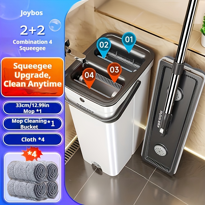 Image of 2025 Flat Mop With Bucket Set - Large Mop Head, Wringing (no Water ), Clean, 4 Original Microfiber Replacement Mop Pads, Perfect Christmas Gift For Home Kitchen/bathroom Floor/countertop Cleaning