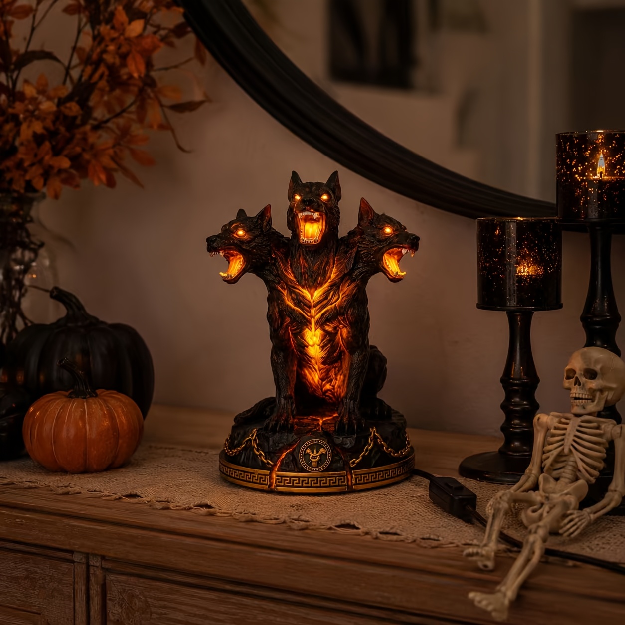 TEMU Usb Night Light, Resin 3-headed Dog Statue Lamp With Lava Glow Effect, Touch Control Greek Mythology Guardian Figurine, Gothic Desk Lamp For
