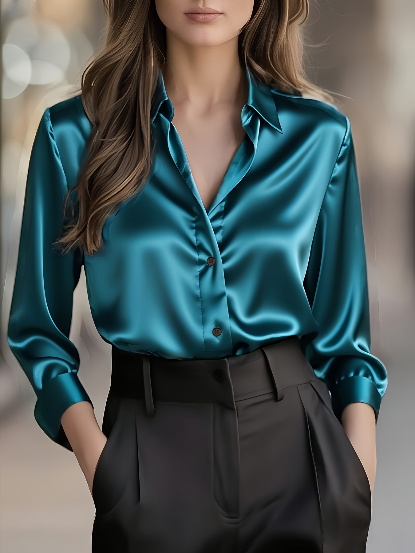Elegant Solid Color Satin Blouse for Women | Spring/Fall Season, Long Sleeve, Single Breasted, Regular Fit