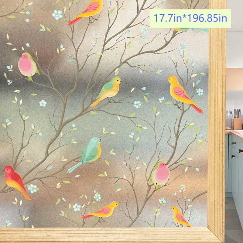 TEMU 1 Roll Of Bird Privacy Window Film, Translucent Frosted Glass Sticker With Vibrant Bird And Branch Design, Suitable For Home Decoration And